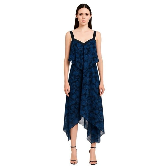 Derek Lam 10 Crosby Blue Floral Silk Asymmetrical Two-Tier Cami Dress Women’s 2 - Picture 1 of 16